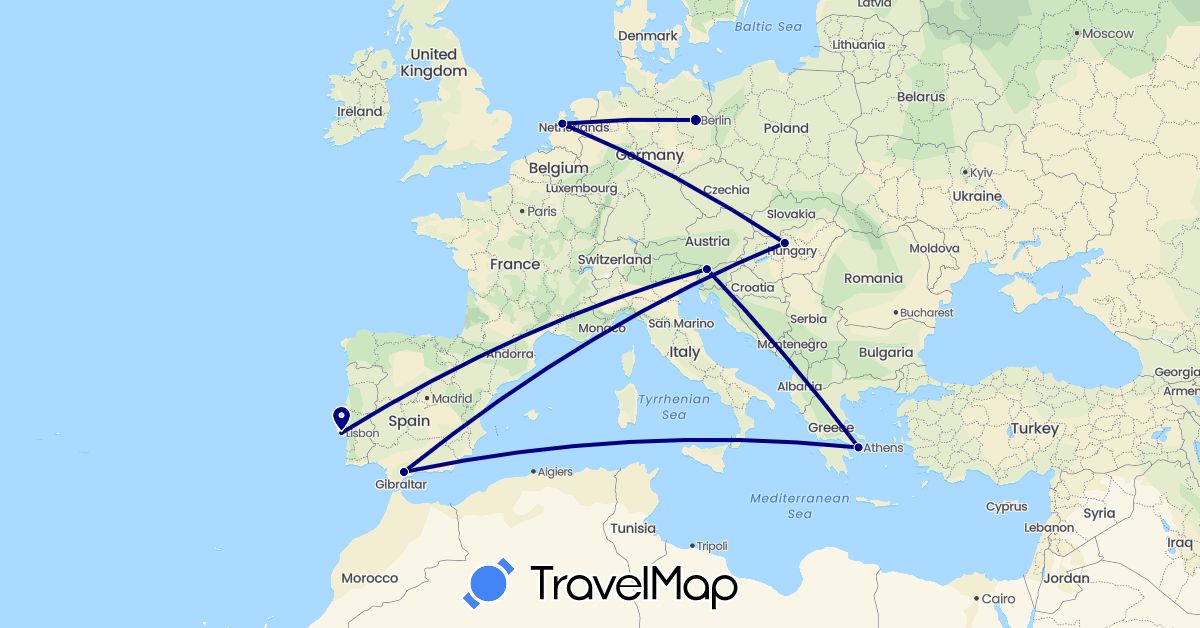 TravelMap itinerary: driving in Germany, Spain, Greece, Hungary, Netherlands, Portugal, Slovenia (Europe)